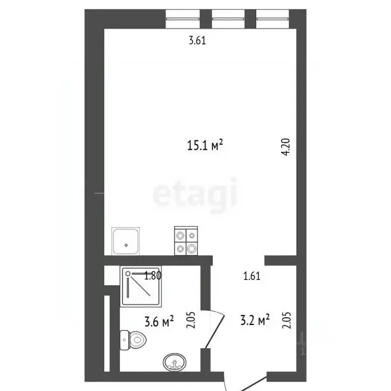Студия Тюменская область, Тюмень Севастопольская ул., 2к4 (20.9 м) - Фото 2