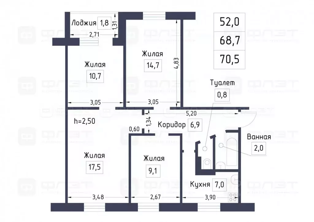 4-к кв. Татарстан, Казань ул. Карбышева, 29 (68.7 м) - Фото 2