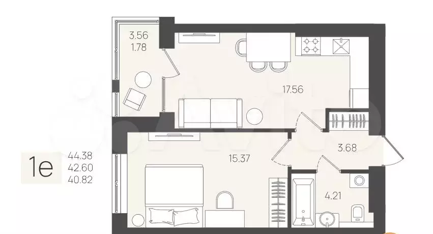 1-к. квартира, 42,6 м, 4/5 эт. - Фото 1