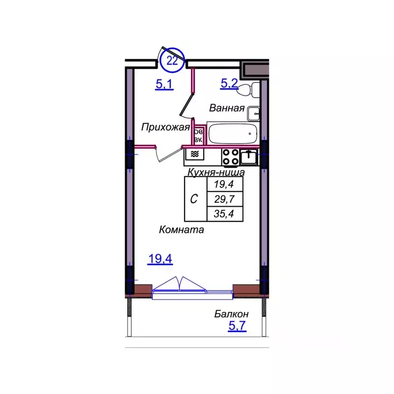 Студия Калининградская область, Светлогорск Балтийская ул. (35.4 м) - Фото 1