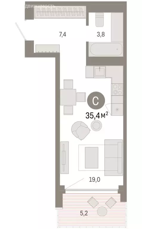 Квартира-студия: Тюмень, микрорайон ДОК, ЖК Октябрьский на Туре (35.39 ... - Фото 1