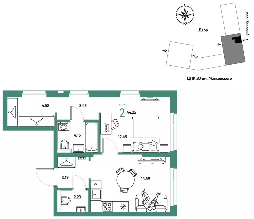 2-к кв. Свердловская область, Екатеринбург пер. Базовый, 10 (44.25 м) - Фото 1
