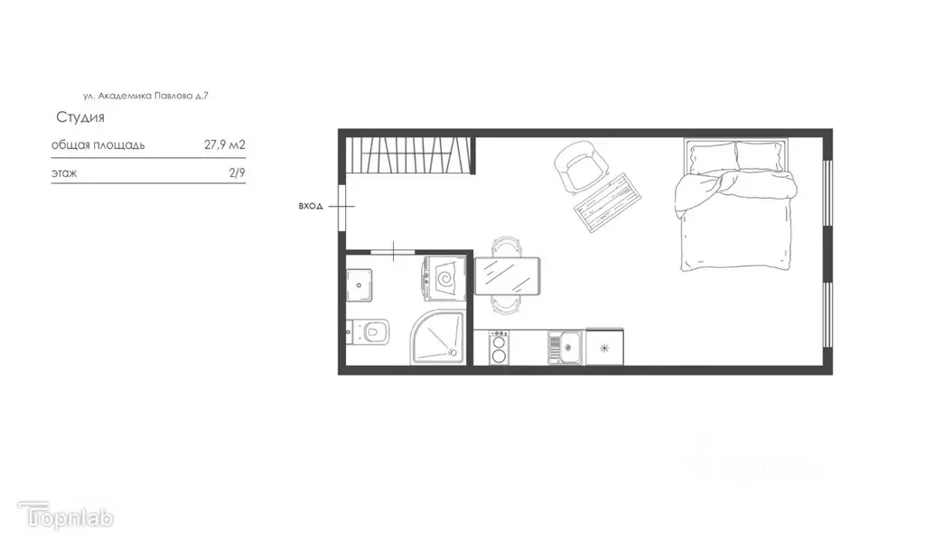 Студия Санкт-Петербург ул. Академика Павлова, 7 (27.9 м) - Фото 2