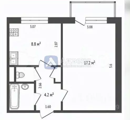 1-к кв. Тюменская область, Тюмень Мельничная ул., 24а (33.3 м) - Фото 1