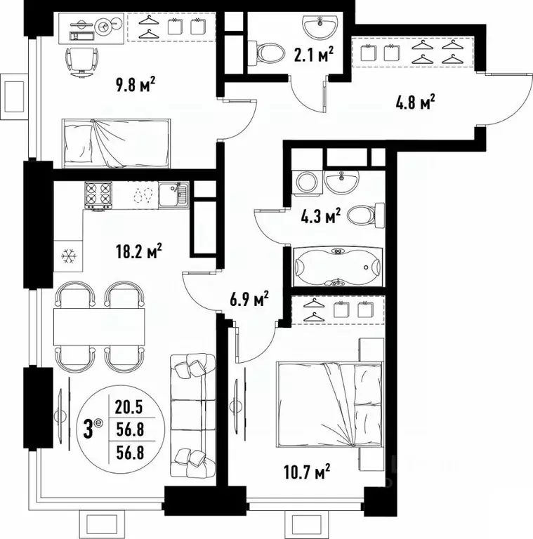 3-к кв. Астраханская область, Астрахань ул. Бэра, 29 (56.8 м) - Фото 2