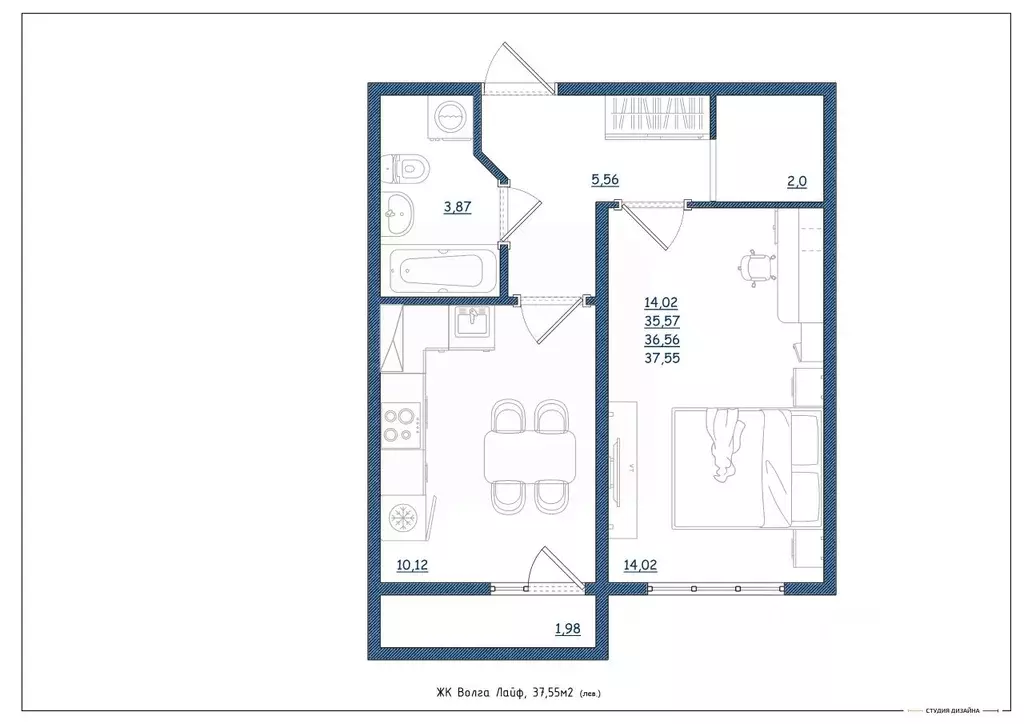 1-к кв. Тверская область, Тверь Новочеркасская ул., 49 (37.55 м) - Фото 2