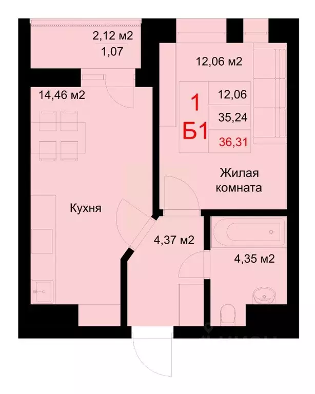 1-к кв. Татарстан, Казань ул. Рауиса Гареева, 78Б (36.31 м) - Фото 0