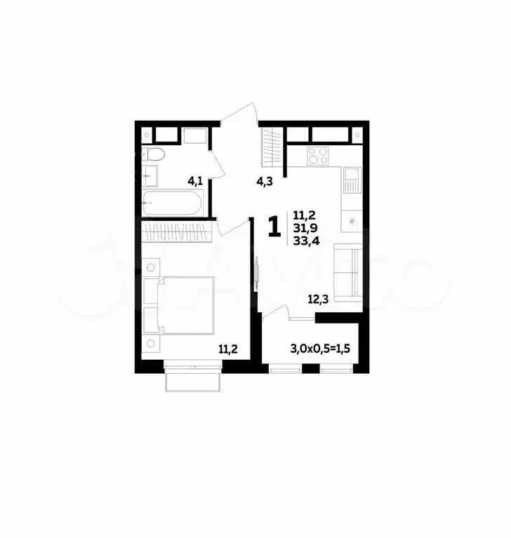 1-к. квартира, 33,4 м, 3/16 эт. - Фото 1