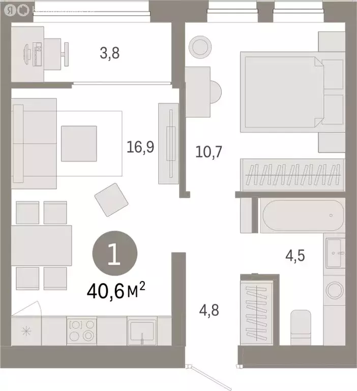 1-комнатная квартира: Тюмень, жилой комплекс Республики 205 (40.59 м) - Фото 0