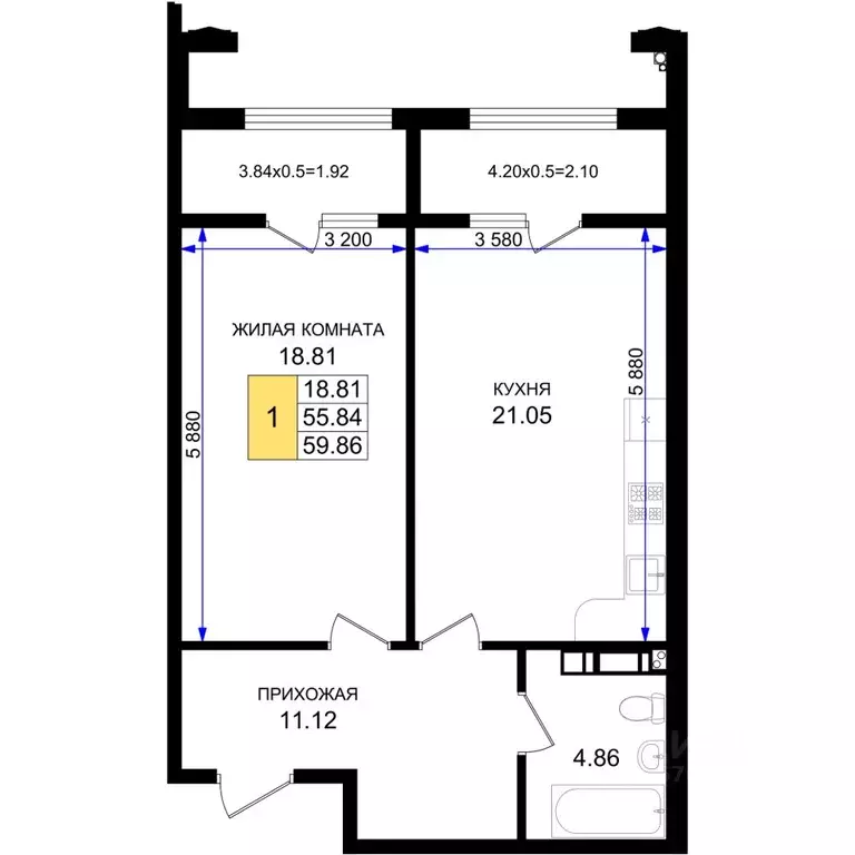 1-к кв. Краснодарский край, Новороссийск 5-я Бригада мкр,  (59.86 м) - Фото 1