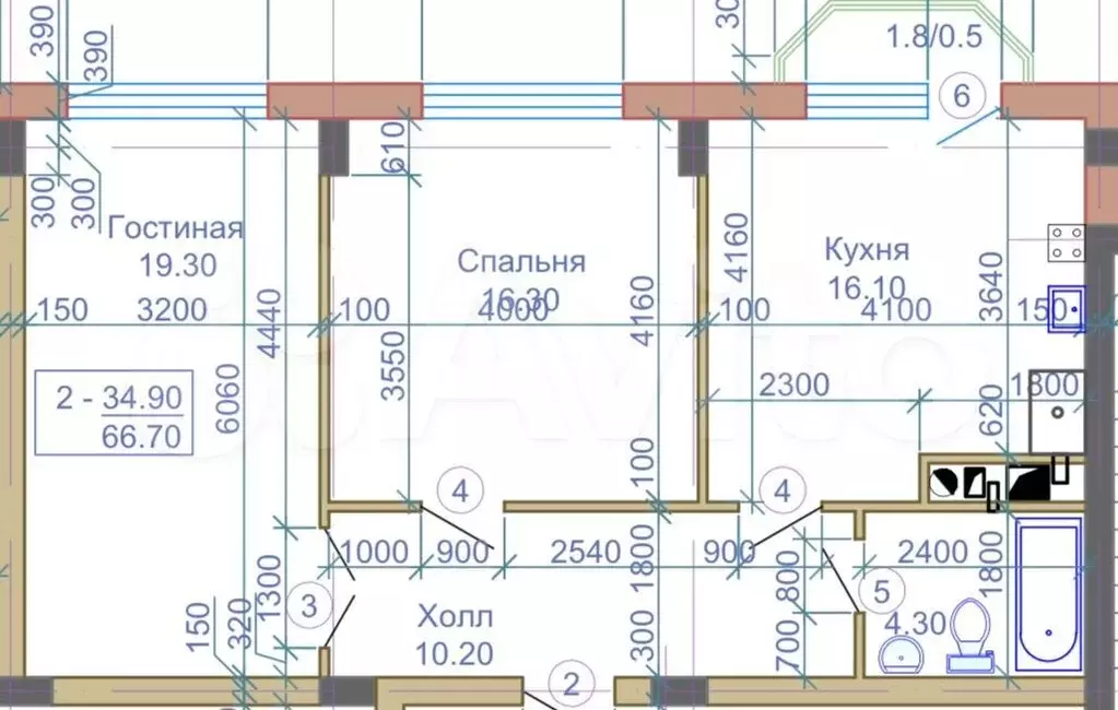 2-к. квартира, 66,7 м, 5/9 эт. - Фото 0