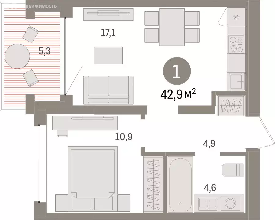 1-комнатная квартира: Тюмень, ЖК Дом у Озера (42.86 м) - Фото 1
