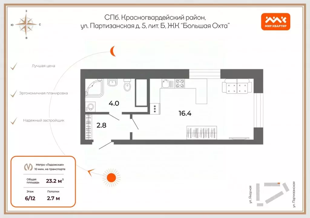 Студия Санкт-Петербург ЛСР Большая Охта жилой комплекс (23.2 м) - Фото 1