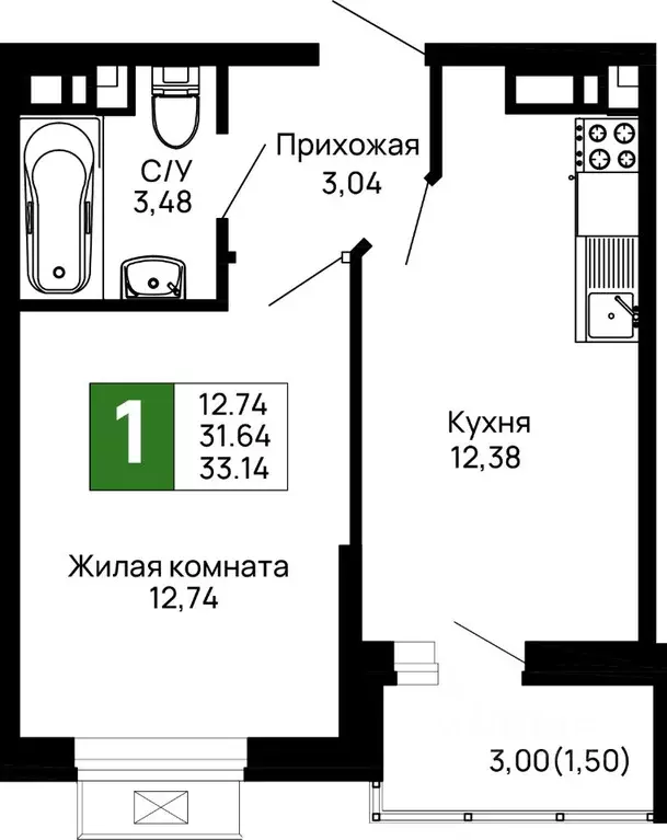 1-к кв. Адыгея, Майкоп 9 Мая ул., 14А (33.14 м) - Фото 1