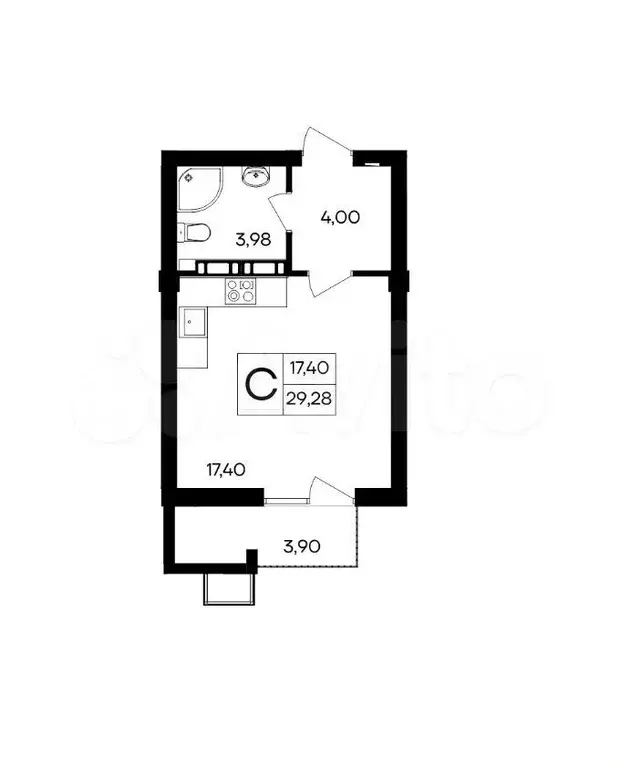 Квартира-студия, 29,3 м, 2/9 эт. - Фото 1