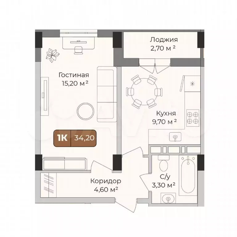 1-к. квартира, 34,2 м, 3/9 эт. - Фото 0