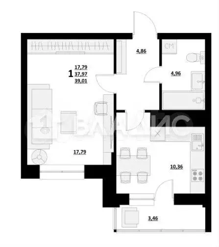 1-к. квартира, 39,1 м, 3/9 эт. - Фото 0