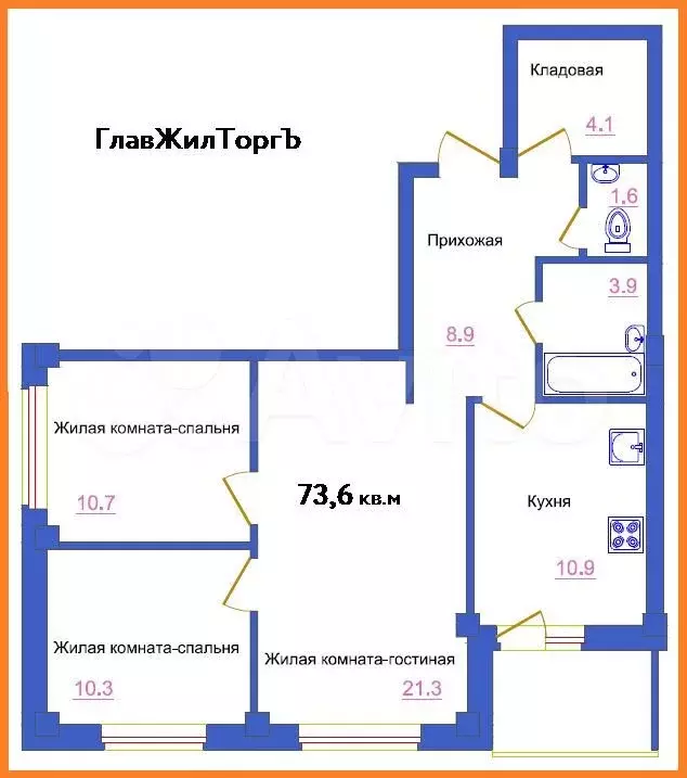 3-к. квартира, 73,6м, 6/8эт. - Фото 0