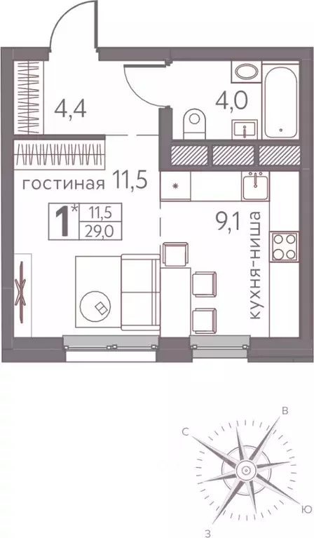 Студия Пермский край, Пермь ул. Серебристая, 3 (29.0 м) - Фото 1