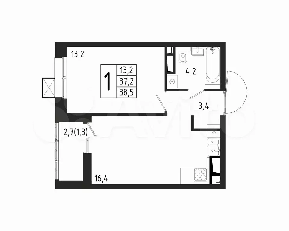 1-к. квартира, 38,5 м, 3/11 эт. - Фото 0