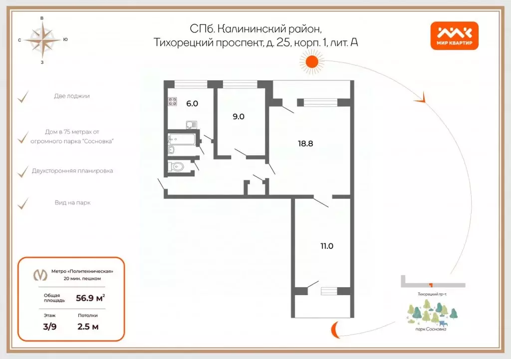 3-к кв. Санкт-Петербург Тихорецкий просп., 25К1 (56.9 м) - Фото 1