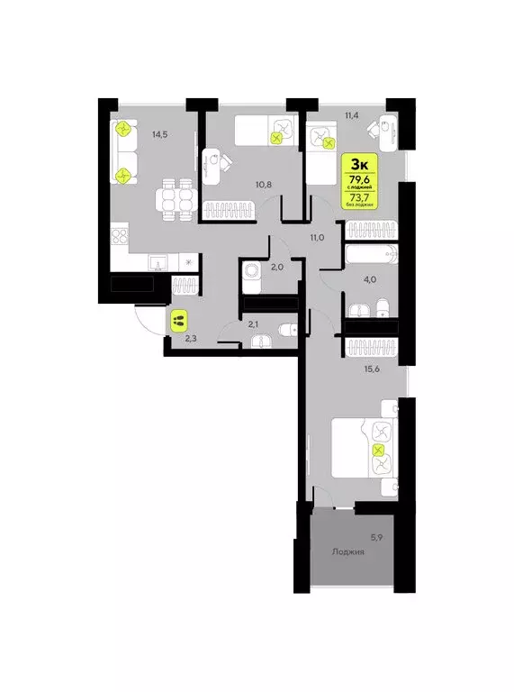 3-комнатная квартира: Тюмень, улица Андрея Приказнова, 1 (79.6 м) - Фото 1