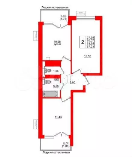 2-к. квартира, 57,2 м, 1/6 эт. - Фото 1