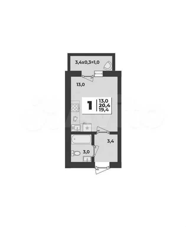 Квартира-студия, 20,4 м, 2/5 эт. - Фото 1