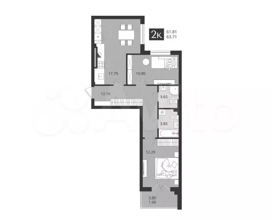 2-к. квартира, 61,8 м, 2/4 эт. - Фото 1