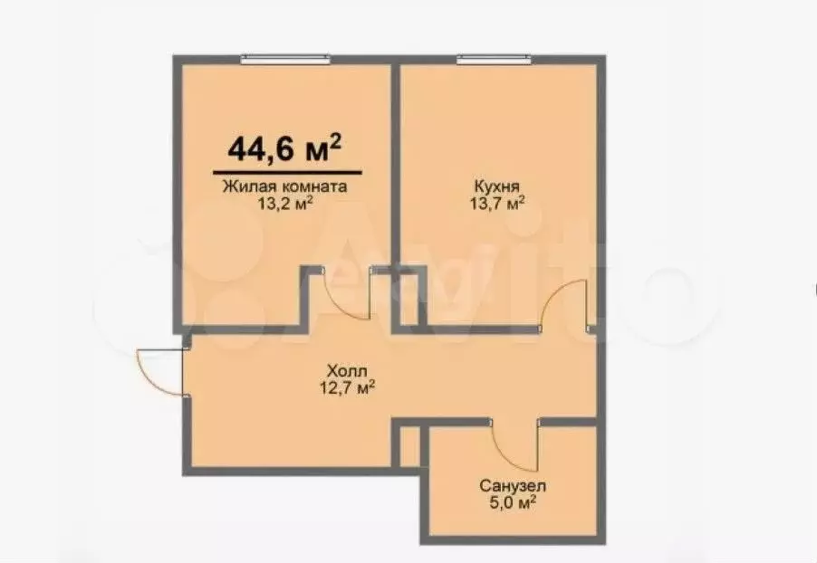 1-к. квартира, 44,6 м, 2/3 эт. - Фото 0