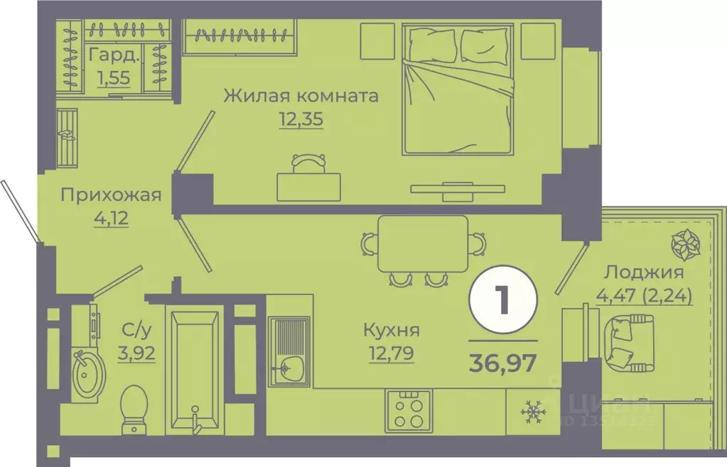 1-к кв. Ростовская область, Ростов-на-Дону ул. Еременко, 115 (37.31 м) - Фото 0