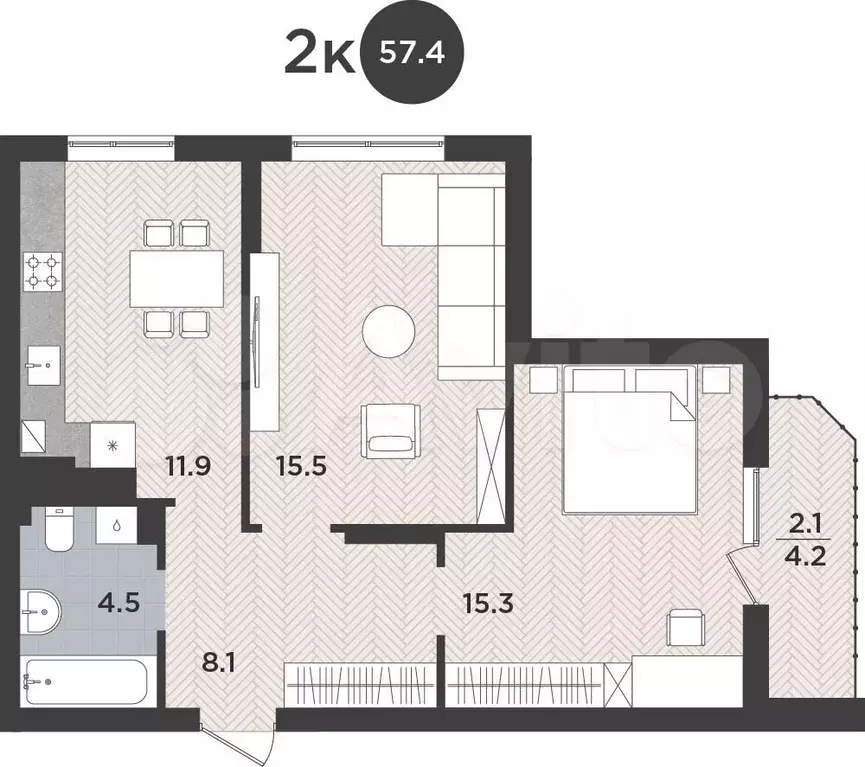 2-к. квартира, 57,4м, 7/9эт. - Фото 1