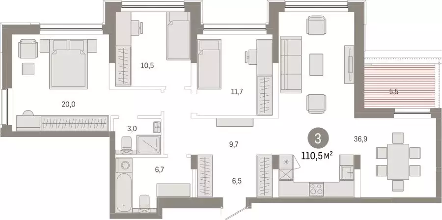 3-комнатная квартира: Новосибирск, Большевистская улица, с48 (110.48 ... - Фото 1