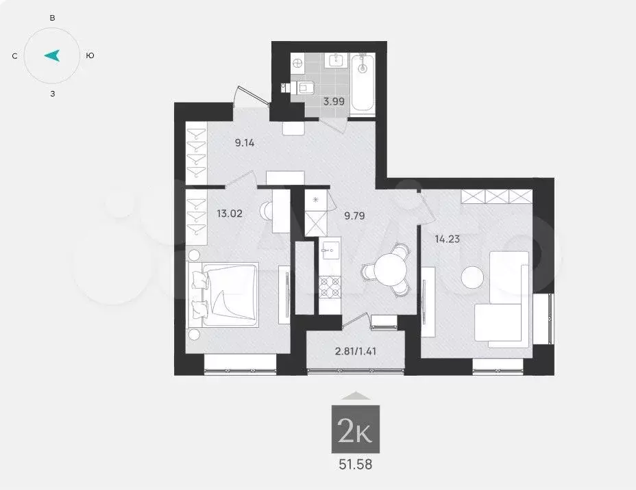 2-к. квартира, 51,6 м, 1/9 эт. - Фото 1