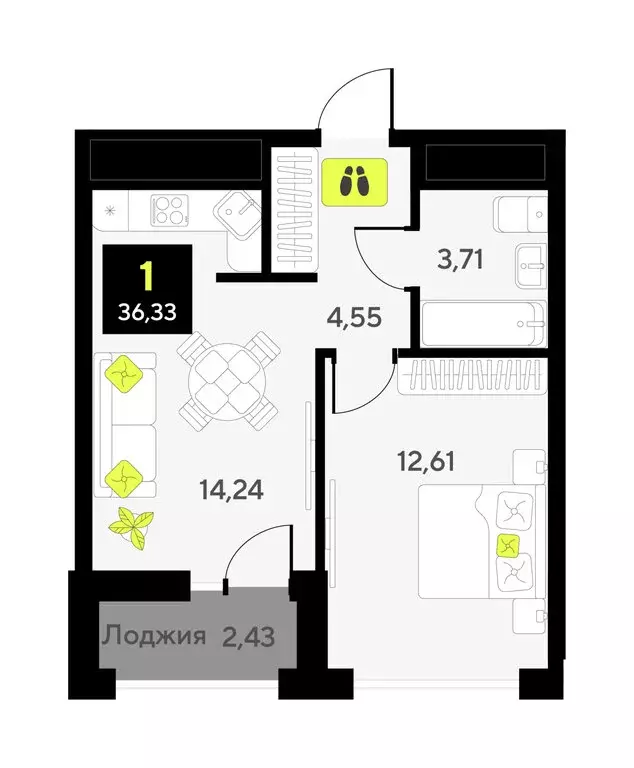 1-комнатная квартира: Тюмень, улица Андрея Приказнова, 1 (34.4 м) - Фото 1