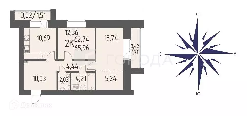 Продаётся 2-к квартира, 65.96 м - Фото 0