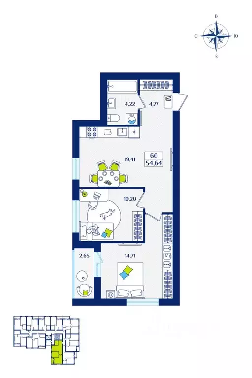 2-к кв. Калининградская область, Зеленоградск  (54.64 м) - Фото 1