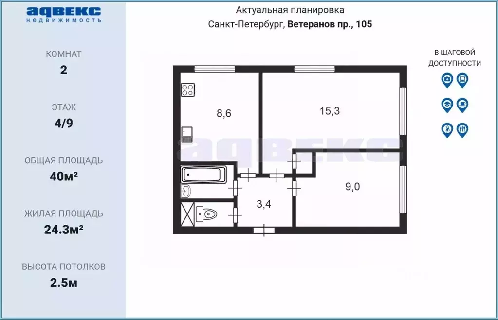 2-к кв. Санкт-Петербург просп. Ветеранов, 105 (40.0 м) - Фото 1