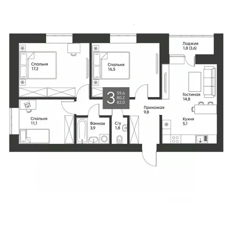 3-к кв. Татарстан, Альметьевск ул. Гафиатуллина, 60 (82.0 м) - Фото 1