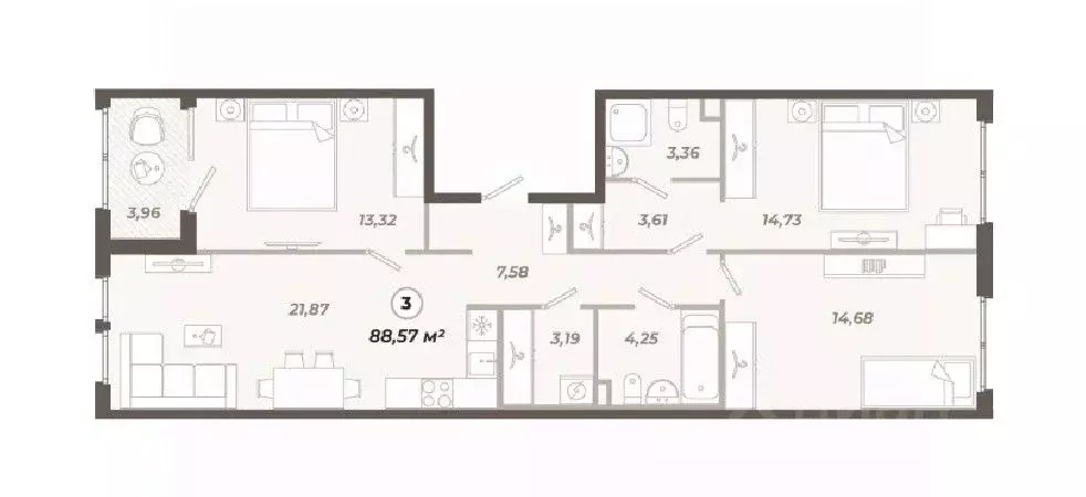 3-к кв. Санкт-Петербург ул. Коли Томчака, 21Д (88.57 м) - Фото 0