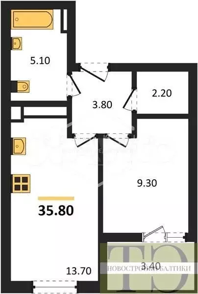 1-к. квартира, 35,8 м, 5/5 эт. - Фото 0