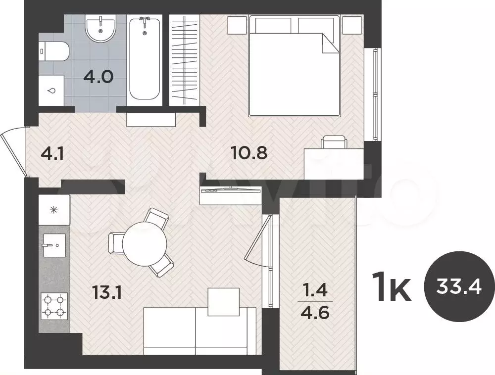 1-к. квартира, 33,4 м, 8/9 эт. - Фото 1