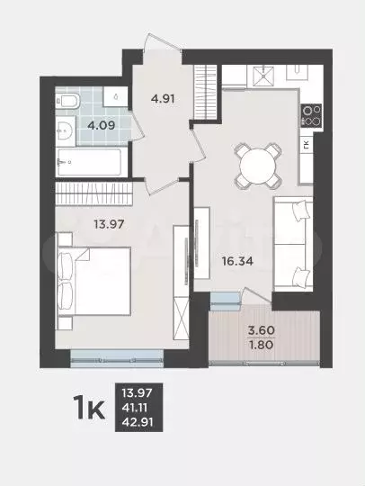 1-к. квартира, 41,1 м, 1/9 эт. - Фото 1