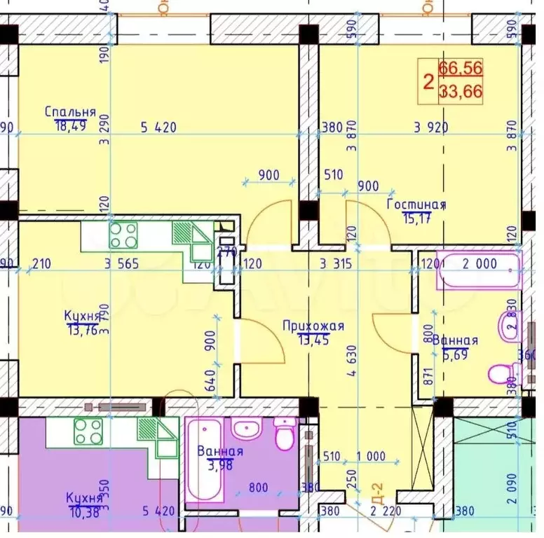 2-к. квартира, 66 м, 5/6 эт. - Фото 1