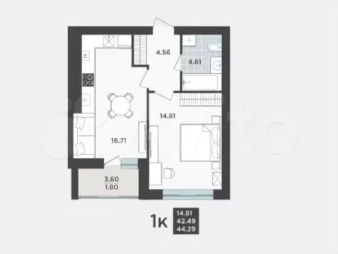 1-к. квартира, 44,3 м, 1/9 эт. - Фото 1