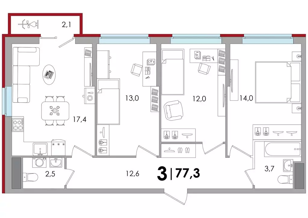 3-комнатная квартира: Тверь, улица С.Я. Лемешева, 6 (76.7 м) - Фото 1