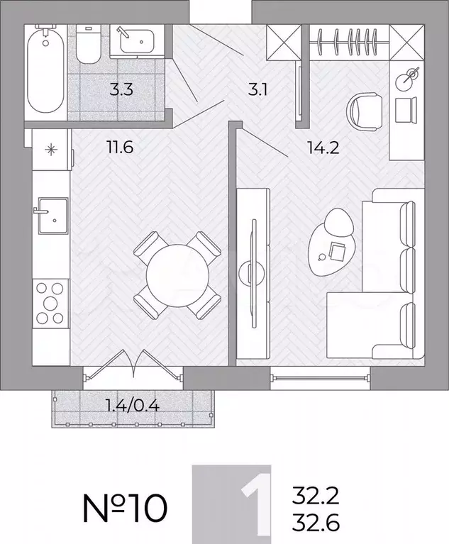 1-к. квартира, 32,6 м, 2/4 эт. - Фото 0