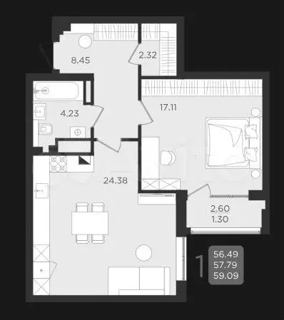1-к. квартира, 59,1 м, 2/9 эт. - Фото 1
