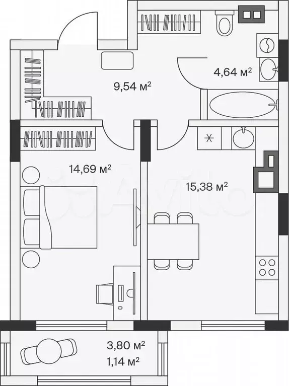 1-к. квартира, 45,4 м, 1/7 эт. - Фото 1