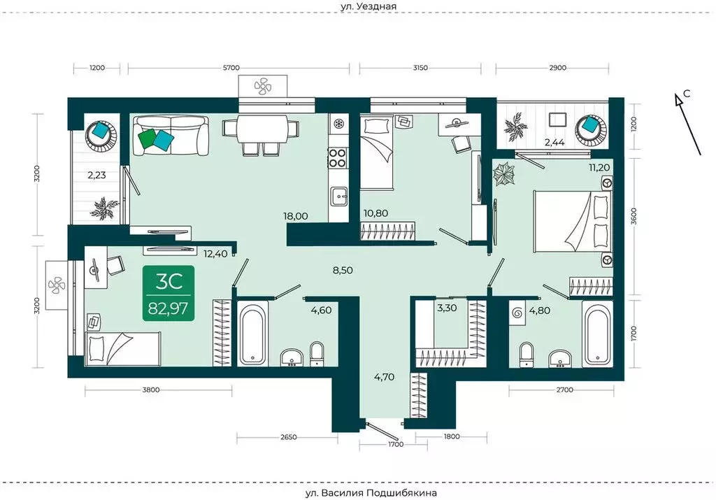 3-комнатная квартира: Тюмень, улица Василия Подшибякина, 9 (82.97 м) - Фото 1
